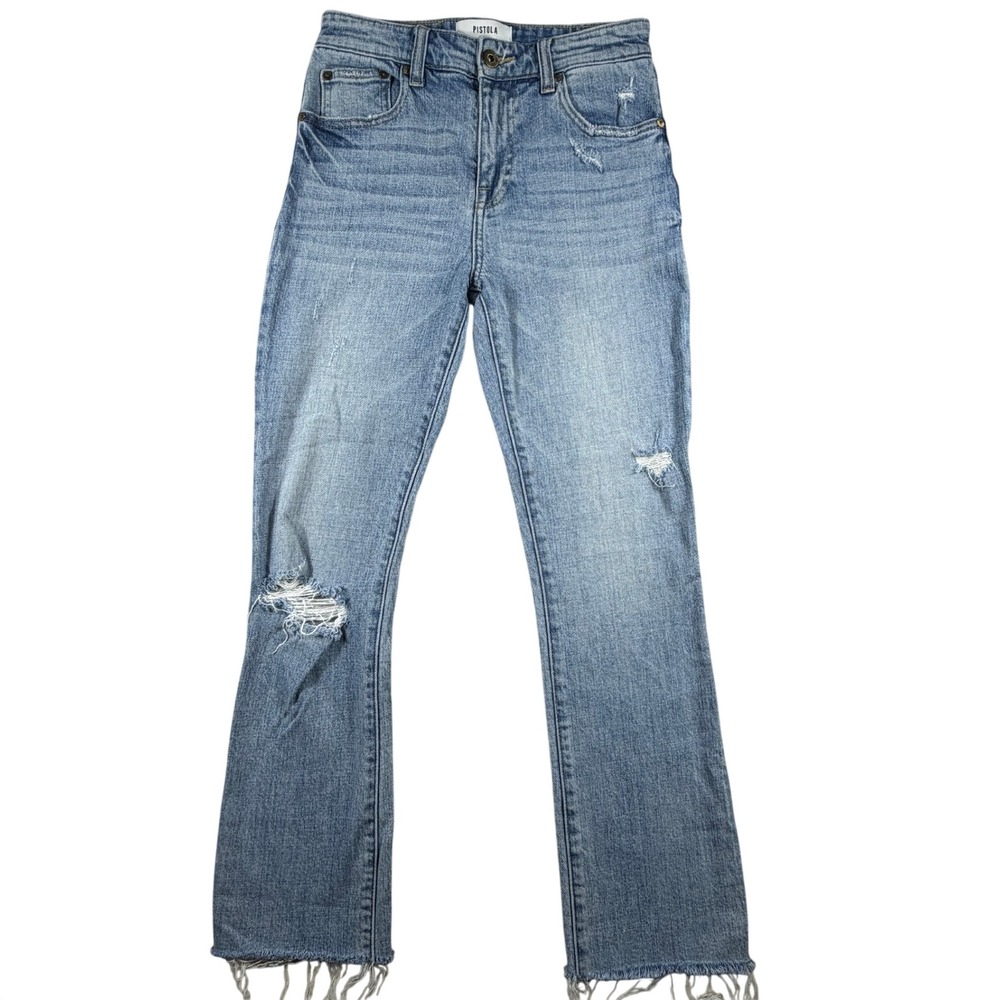 Pistola Womens Distressed High Rise Straight Leg Jeans Light Wash Blue
